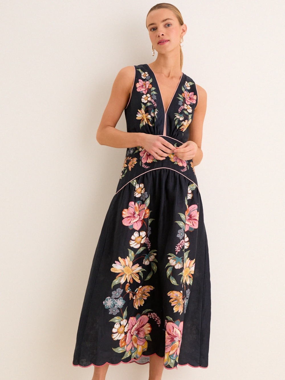 Farm Rio Dark Blue Maira Floral Midi Dress medium